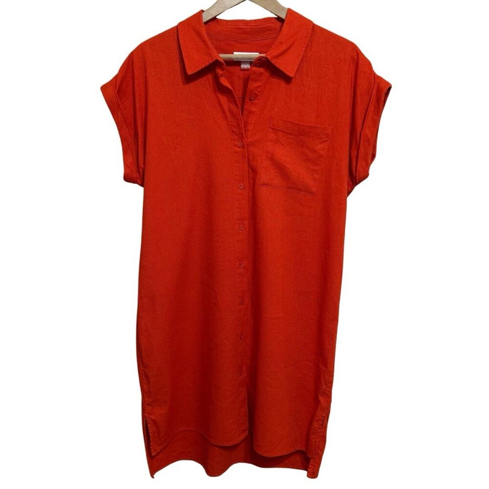 Calvin Klein Linen Blend Shirt Dress Size 12 Dark Orange Rolled Short Sleeves
